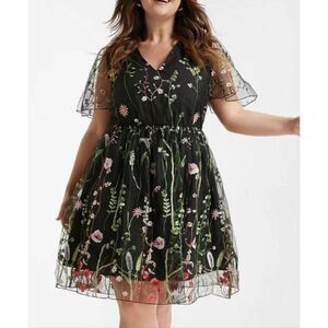 Bloomchic Floral Embroidered Mesh Elastic Waist Dress 12 Medium Black Pink Green